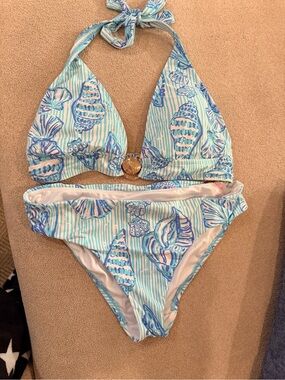 Lilly Pulitzer Aqua & Blue Shell-Print Halter Bikini